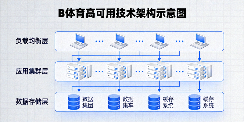 B体育高可用技术架构示意图 - 展示负载均衡、应用集群、数据存储等多层结构