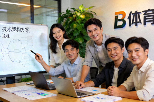 B体育公司初创团队在办公室讨论技术方案的合影