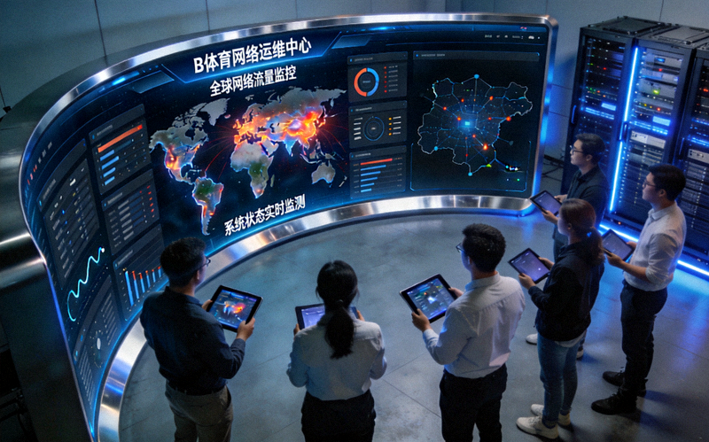 B体育平台网络运维中心 - 技术人员正在大屏幕前监控全球网络流量与系统状态