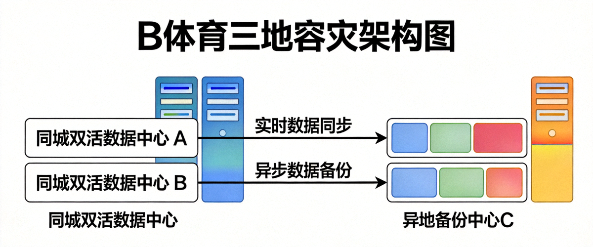 B体育三地容灾架构图 - 清晰展示同城双活数据中心与异地备份中心的关系