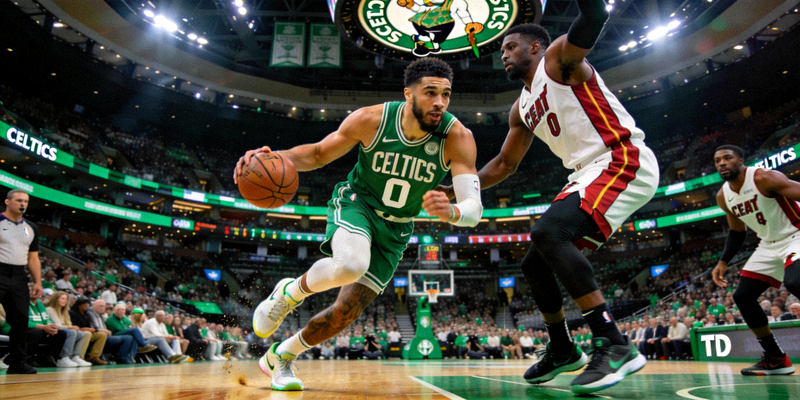 NBA季后赛东部决赛关键对局，凯尔特人主场对阵热火，塔图姆持球突破