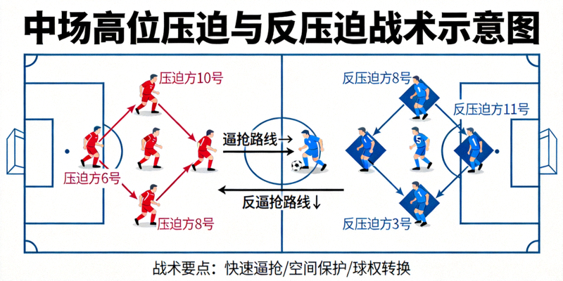 中场区域的高位压迫与反压迫战术示意图，显示球员逼抢路线