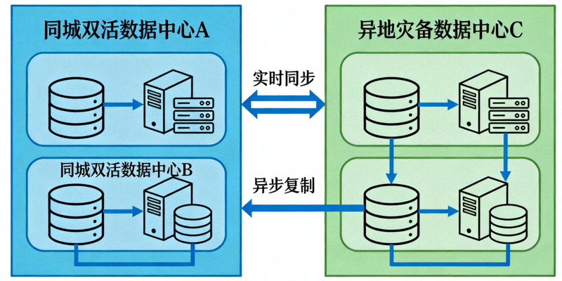 b体育容灾系统架构示意图 - 展示同城双活与异地灾备的数据流向